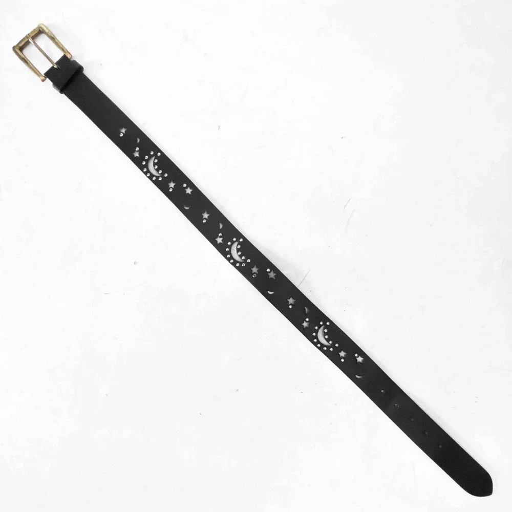 Express Vintage Black Leather‎ Celestial Moon Star Studded Belt Made in Italy S